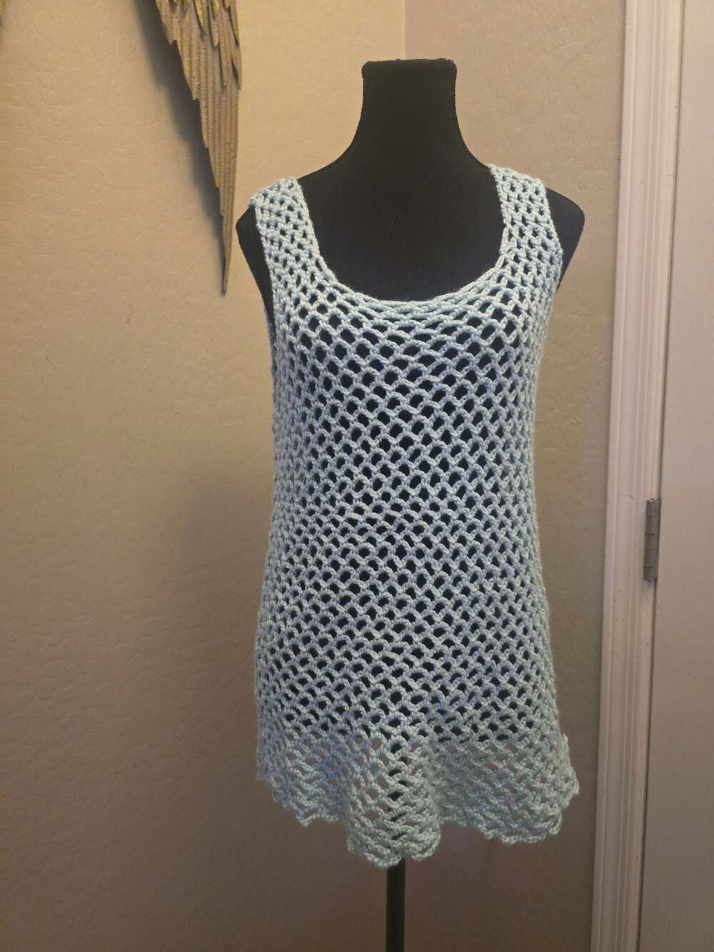 Handmade Women's Light Blue Crochet Knit Sleeveless Beach Cover-Up Tank Top